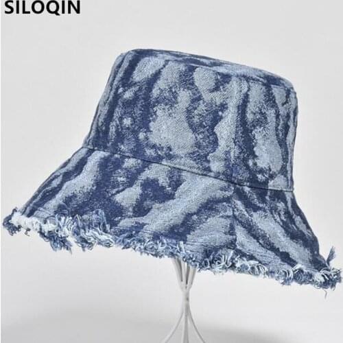 SILOQIN Foldable Personality Womens Bucket Hat New Summer Panama Washed Denim Frayed Burrs Casual Beach Hats Elegant Female Hat