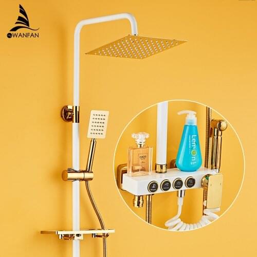 Shower Faucets Brass White Bathtub Faucet Round Tube Single Handle Top Rain Shower With Slide Bar Wall Water Mixer Tap 877837WK