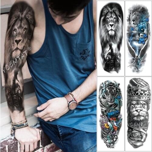 Large Arm Sleeve Tattoo Sketch Lion Tiger Waterproof Temporary Tattoo Sticker Crow Warrior Soldier Men Full Skull Totem Tattoo