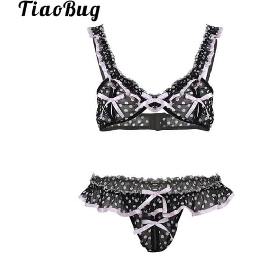 TiaoBug Men Sexy Crossdressing Sissy Lingerie Set Chiffon Frilly Ruffle Bra with Crotchless G-string Thong Underwear Nightwear