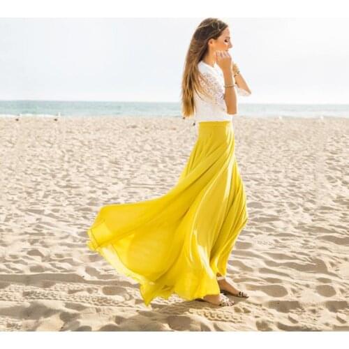 Yellow Women Chiffon Skirts A-line Zipper waist Colorful Womens Skirts Saia Blue Maxi Skirt Full Length saia longa faldas
