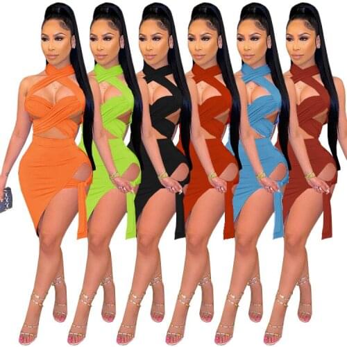 Echoine Summer Hollow Out Bandage Cross Lace Up Crop Mini Skirt Women Bodycon Sexy Skinny Club Outfits Streetwear Two Piece Set