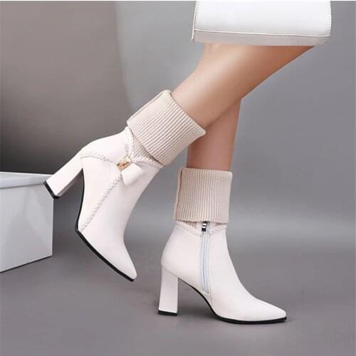Winter The New fashion Pointed knitting elastic force Wool boots white Bow Plus velvet Keep warm High heel Women boots 34-43
