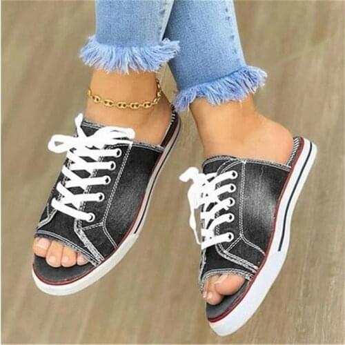 Women Summer Sandals Flats Shoes Woman Sexy Slippers Slides Lace Up Plus Size Denim Jean Sandalias Mujer
