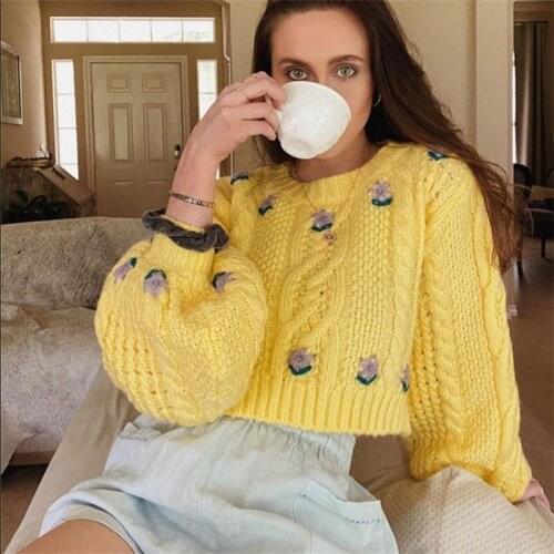 Y2k Womens Sweaters Round Neck Long Lantern Sleeve Floral Pattern Cable Knit Pullover Tops Yellow