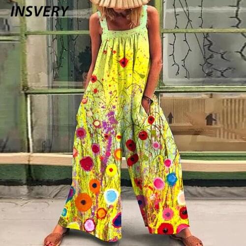 Women Floral Print Jumpsuit 2021 Sleeveless Loose Rompers One Piece Set Pocket Causal Jumpsuits For Women Overalls Playsuits