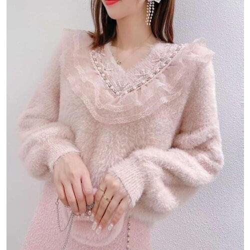 Hyuna Style Mesh Stitching Sweet Sweater Womens Kawaii New Three-dimensional Flower Beaded Color Matching Pink Woman Sweaters