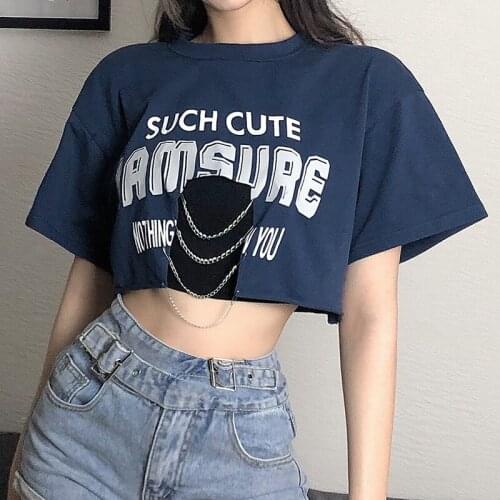 Womens Letter Print Crop Tops Summer Short Sleeve Cutout Loose T-Shirts with Metal Chains