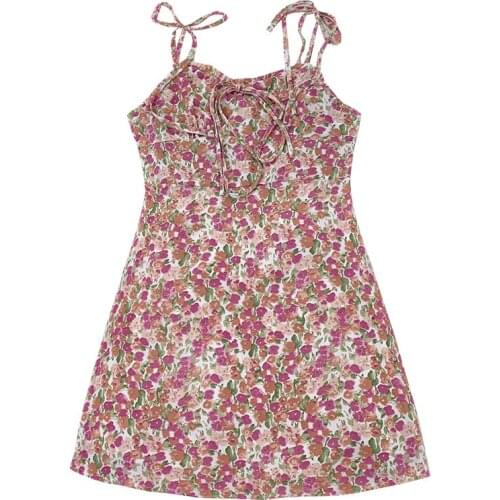 Summer romantic pink oil painting floral girl bandage V-neck waist slim slimming suspender dress