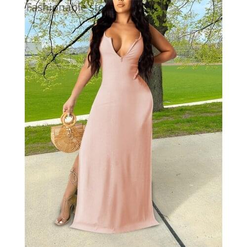 Women Sexy Low Cut High Slit Solid Color Sleeveless Maxi Dress
