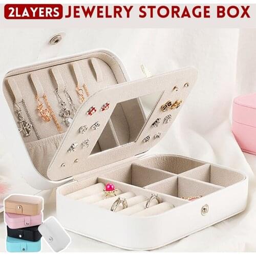 1Pc Portable Jewelry Storage Box Multi-function Double Layers Earrings Ring Necklace Organizer with Mirror