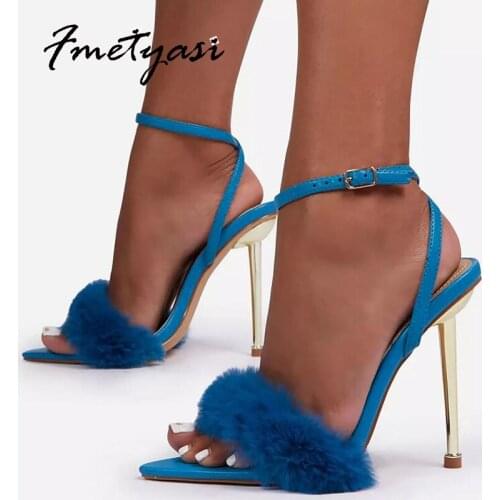 Sandals Women 2021 Thin Heels Pumps Buckle Strap Flock Summer Super High Shoes Metal Heel Narrow Band Pointed Toe Fashion