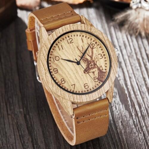 Imitation Wood Watch Men Women Quartz Imitate Wooden Watch Ostrich Deer Man Wristwatch Soft Leather Band Male Wrist Clock Reloj