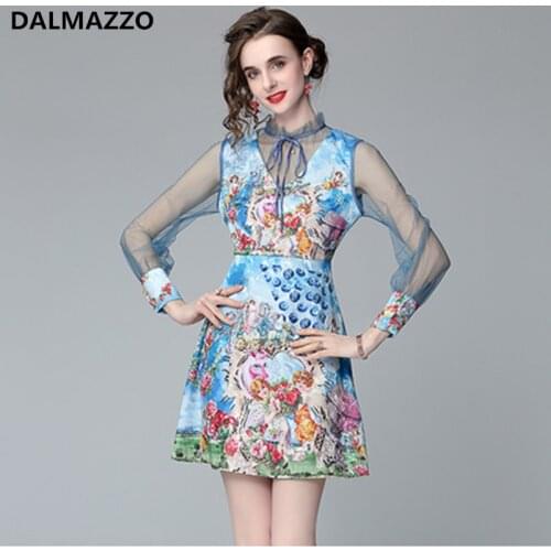 DALMAZZO High Quality Retro Print Women Stand Collar Patchwork Mesh Long Sleeve Mini Dresses Plus Size Vestidos Femme 2021 New