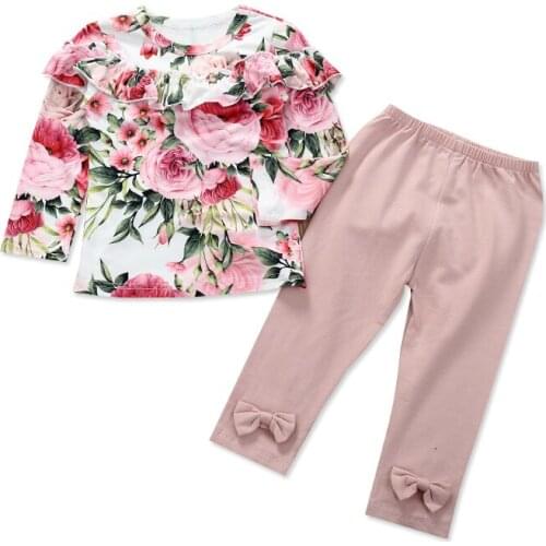 Baby Girls Clothes Set Kids Outfit Long Sleeve Floral Ruffle Top Solid Pants 2pcs Infant Children Clothing Set Floral Suits