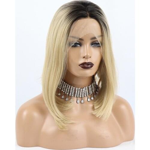 Ombre Blonde Color Short Bob Wigs Synthetic Lace Front Wigs Dark Root 613 Daily Straight Hair Lace Frontal Wigs for Black Women