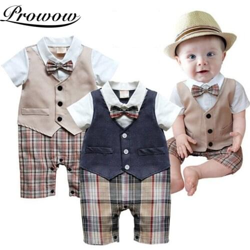 Prowow Gentleman Baby Clothes Summer Newborn Suits Baby Male Romper Tie Infant Jumpsuits For Kids Costume Plaid Babys Overalls