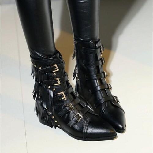 Retro style pointed toe thick low-heeled leather boots belt buckle rivet tassel boots fashion side zipper boots