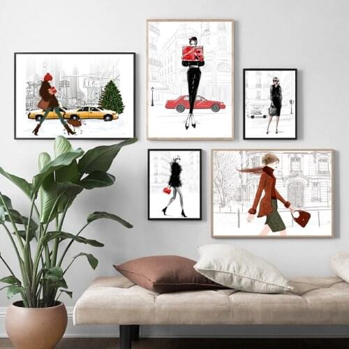 Beautiful Young Woman in Paris Street Canvas Painting New York Girls Prints Fashion Posters Wall Art Pictures Home Room Decor