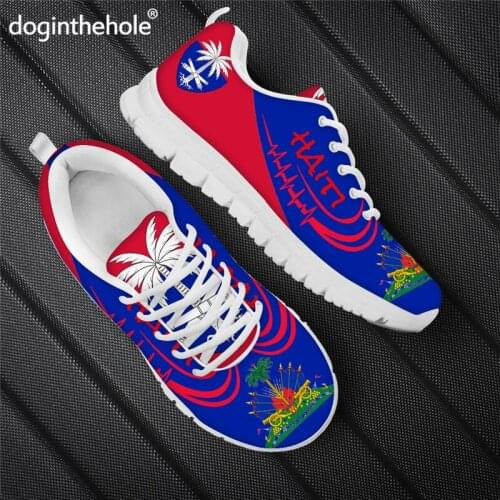 Doginthehole Flats Breathable Lace Up Walking Shoes Haiti Flag Design Printing Zapatos De Mujer Mesh Sneakers for Men Dropship