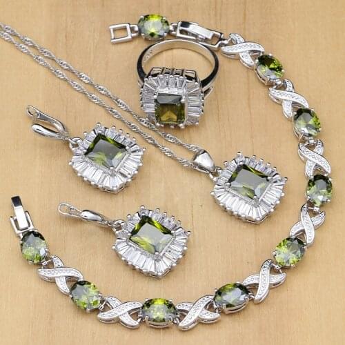 Square Olive Green Zircon 925 Silver Jewelry Sets For Women Party Earrings/Pendant/Rings/Bracelet/Necklace Set Dropshipping