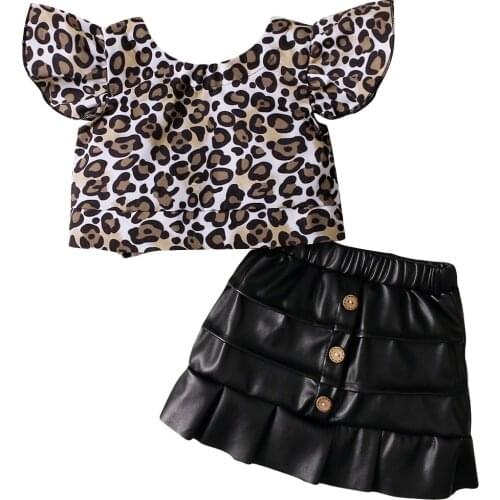 Ma&Baby 18m-6Y Summer Fashion Girls Clothes Set Leopard Ruffles T shirt Button Pu Leather Skirts Outfits Chidren Clothing DD43