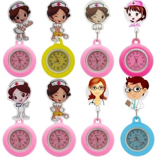 Cartoon 3D Retractable Badge Reel nurse FOB pocket watches unisex men women ladies doctor colourful lovely quartz gift watches