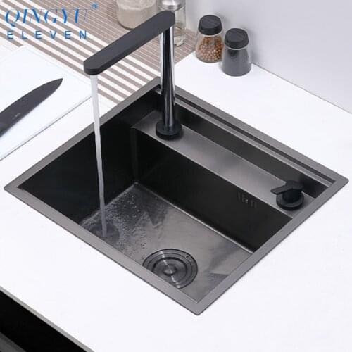 QINGYU ELEVEN Nanometer Black Double Cover hidden kitchen Sink 304 Stainless Steel Handmade Brushed Single kitchen Sink