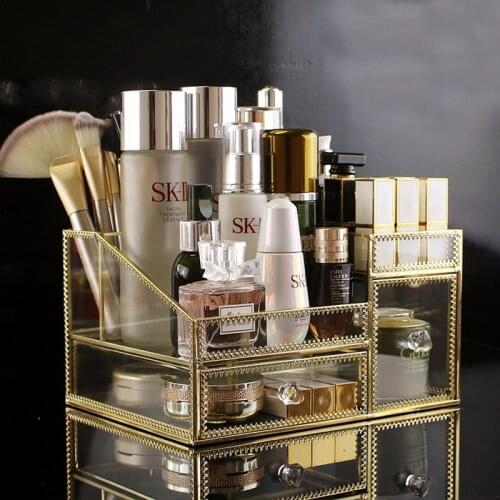 2020 New Glass Makeup Brush Storage Box Jewelry Cosmetic Lipstick Holder Gold Makeup Organizer With Drawer for Bedroom, Dresser