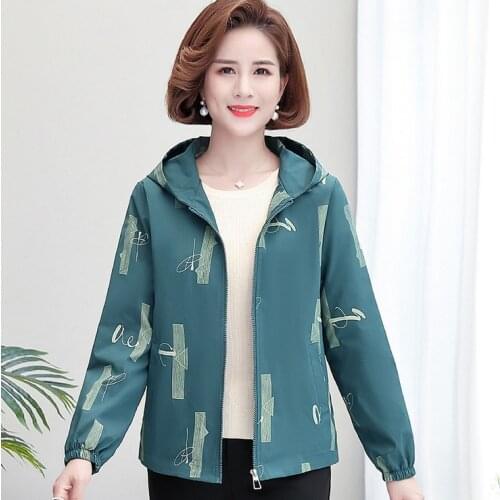 New Middle-Aged Women Spring Autumn Zipper Jacket Tops Print Long Sleeve Hooded Plus Size Style Casual Coat For Mother Outerwear