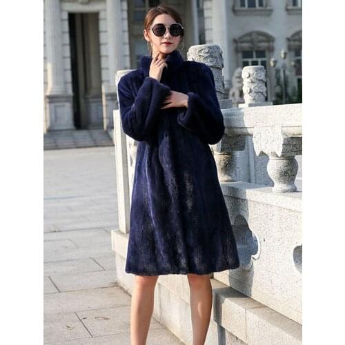 Dark Blue Long Faux Mink Fur Teddy Coat Fluffy Europe America Woman Winter Fashion Aviator Jacket High Quality Plus Size Suede
