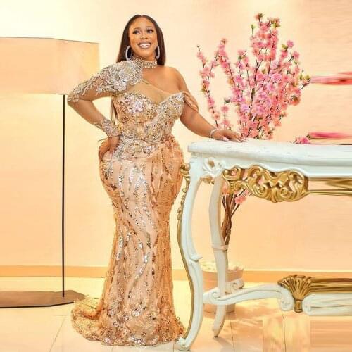 Major Beadings Aso Ebi Lace Mermaid Evening Dresses Plus Size Appliques Sequins Long Sleeves Prom Dresss High Neck African Gown