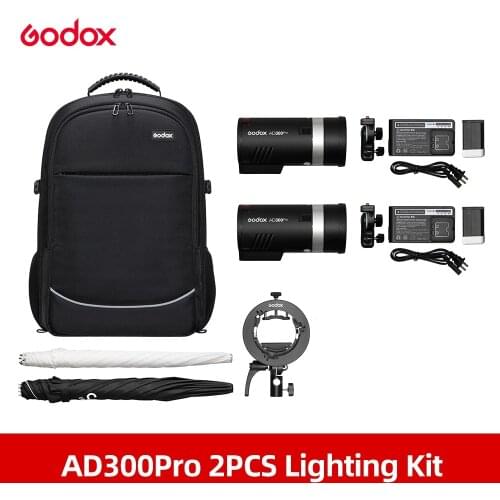 Godox 2pcs AD300Pro AD300 PRO 300W Out Door Flash Flashes with Backpack + Umbrella + S2 Bracket + AK-R1 Flash Kit