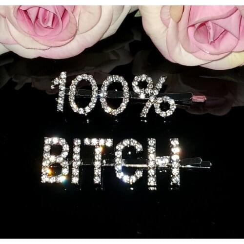 Crystal Letters Hairclips "100% Bitch“ Hot Saying Words Hair Clips Hairgrip Bobby Pins Hair Accessories 2pcs/set WHOLESALE