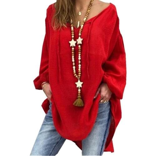 Hot Plus Size Shirts Women Spring Autumn Casual Solid Color Long Puff Sleeve V Neck Straps Loose Blouse Womens Chiffon Shirts