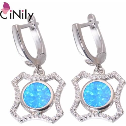 CiNily Created Blue Fire Opal Cubic Zirconia Silver Plated Wholesale for Women Jewelry Drop Earrings 1 1/8" OH4456
