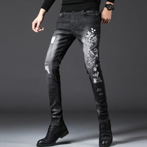 2020 Hot Sale Mens Slim Fit Denim Jeans Dragon Embroidery Skinny Straight Elastic Jeans Trouser Washed Slim Biker Denim Pants