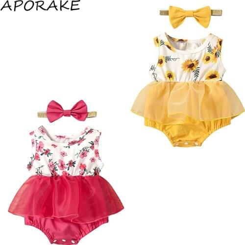 2021 0-24M Baby Girl Romper Dress Cute Summer Sunflower Floral Print Sleeveless O Neck Tulle Playsuit Dress+Headband