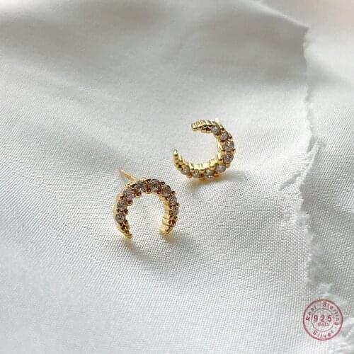 925 Sterling Silver Korean Version sSimple Pavé Colored Crystal Crystal Moon Stud Earrings Women Luxury Wedding Jewelry