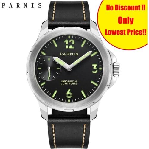 40mm Parnis Casual Men Watch Hand-Winding Black Dial Stainless Steel Case Leather Band Mechanical Hand Wind Mens Watches Clock