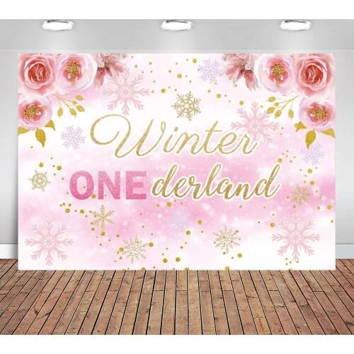 Pink Flowers Snow Winter Wonderland Backdrop Gold Glitter Snowflake Floral Photography Background First Birthday Baby Girl Party