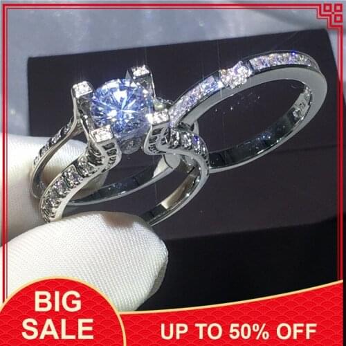 Handmade 2-in-1 Women ring set 5A clear zircon White gold filled Engagement wedding band rings for women men Size 5-10