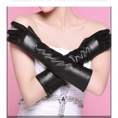 Leather gloves female winter long sheepskin gloves riding plus velvet thick warm sleeves driving touch screen gloves women