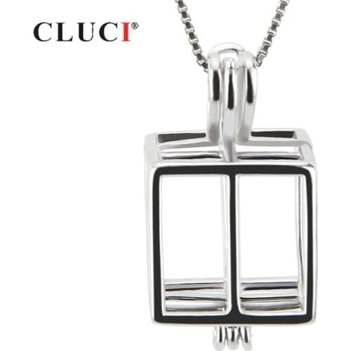 CLUCI 925 Sterling Silver Square Box Shaped Cage Pendant for Jewelry Making DIY Women 925 Silver Pendant Pearl Locket SC145SB