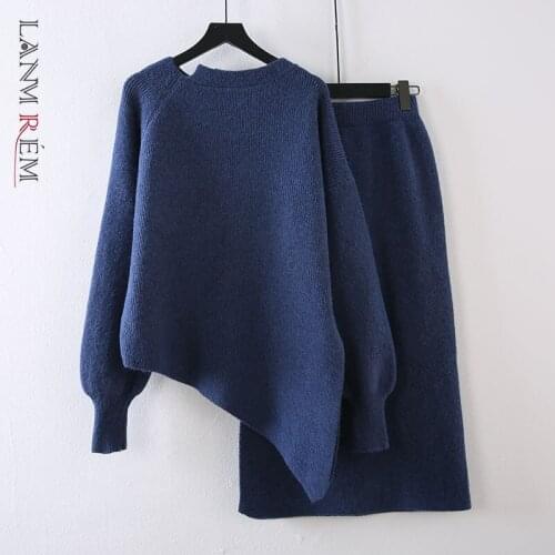 LANMREM 2021 Autumn Winter New Irregular Sweater High Waist Stretch Skirt Two Piece Set Women Long Sleeve Female Fashion 2W399