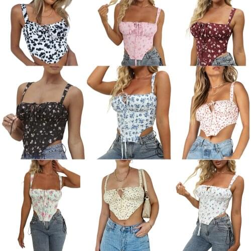 Women Irregular Tank Tops, Adults Tie-up Boned Padded Leopard/Floral Print Square Collar Tops Shirt
