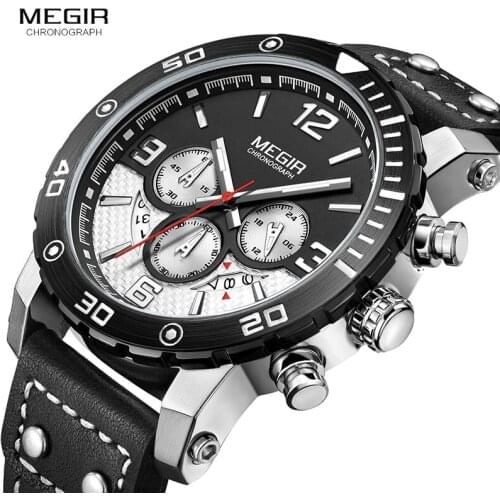 MEGIR Mens Sports Quartz Watches Fashion Leather Strap Chronograph Analogue Wrist Watch for Man Luminous Waterproof 2084GBK-1