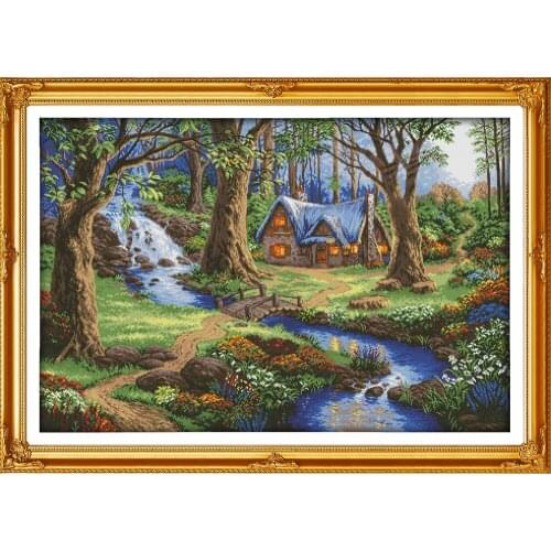 The cabin in the forest cross stitch kit lanscape garden 14ct 11ct count printed canvas stitching embroidery handmade needlework