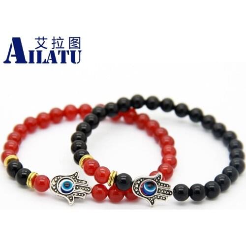 Ailatu New Design 6mm Black and Red Natural Power Stone Protection Hamsa Fatima Hand Bracelet Ethic Jewelry