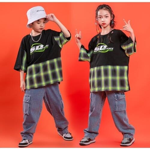 Hip Hop Clothes For Children Loose T Shirt Top Jeans Tactical Cargo Pants For Girls Boys Jazz Dance Costume Clothes Streetwear